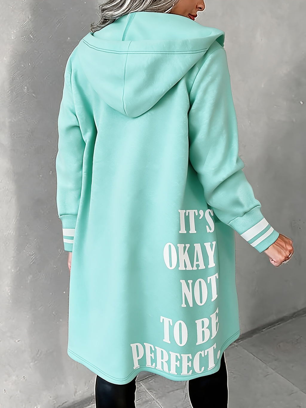 Autumn and Winter Women's Casual Fashion "It's Okay Not to Be Perfect" English Print Long Sleeve Hooded Sweatshirt Jacket, Mid-Length Zip-Up Loose Casual Coat with Pockets, -Lined Warm Comfortable ILOVE English Print Drawstring Fashion Versatile I - Mineral Green