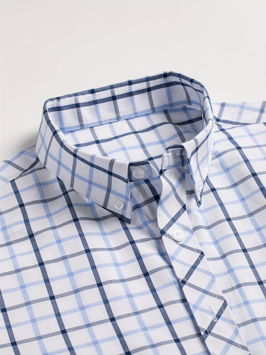 Men's Dress Shirt - Classic Checkered Pattern, Classic Notch Lapel with Button Design, Machine Washable, All-Season Regular Fit Suitable for Casual and Formal Wear - Blue And White Plaid