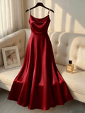 Women'S Elegant Satin Pearl Strap Dress, A-Line Silhouette, Suitable for Commute, Parties, And Events - Burgundy