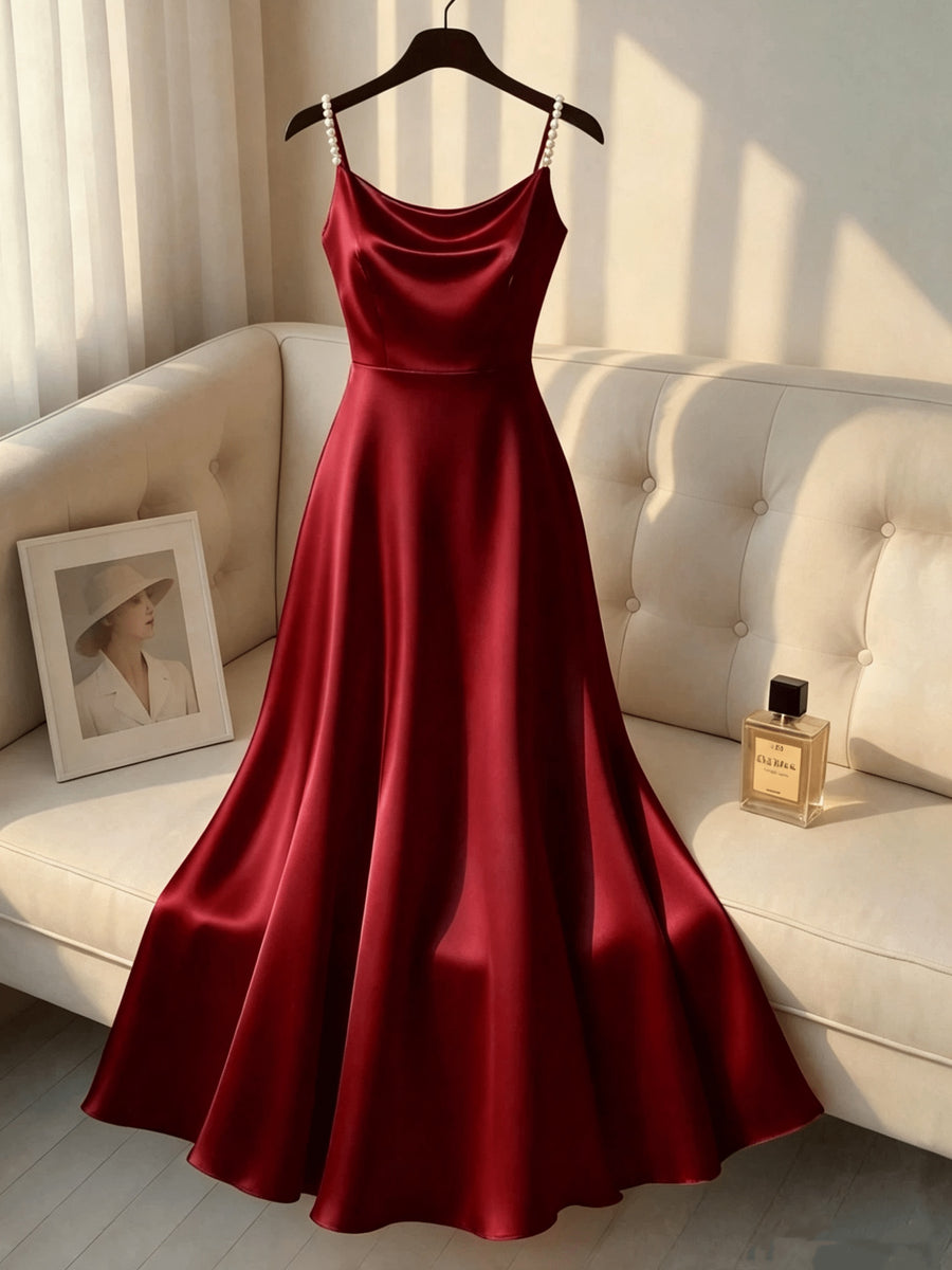 Women'S Elegant Satin Pearl Strap Dress, A-Line Silhouette, Suitable for Commute, Parties, And Events - Burgundy