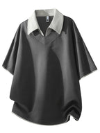 Men'S Summer Lapel Built-In Faux Two-Piece V-Neck, Cuffed Sleeves, Unisex Off-Shoulder Loose Curved Hem Drapey Short Sleeve T-Shirt - Dark Gray