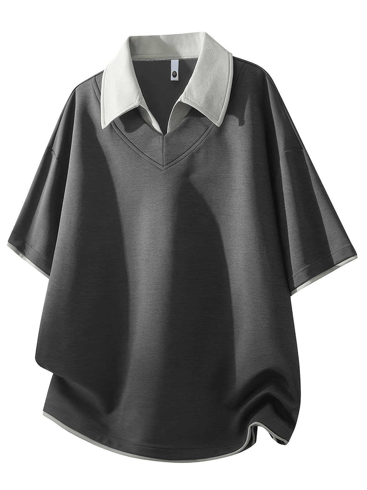 Men'S Summer Lapel Built-In Faux Two-Piece V-Neck, Cuffed Sleeves, Unisex Off-Shoulder Loose Curved Hem Drapey Short Sleeve T-Shirt - Dark Gray