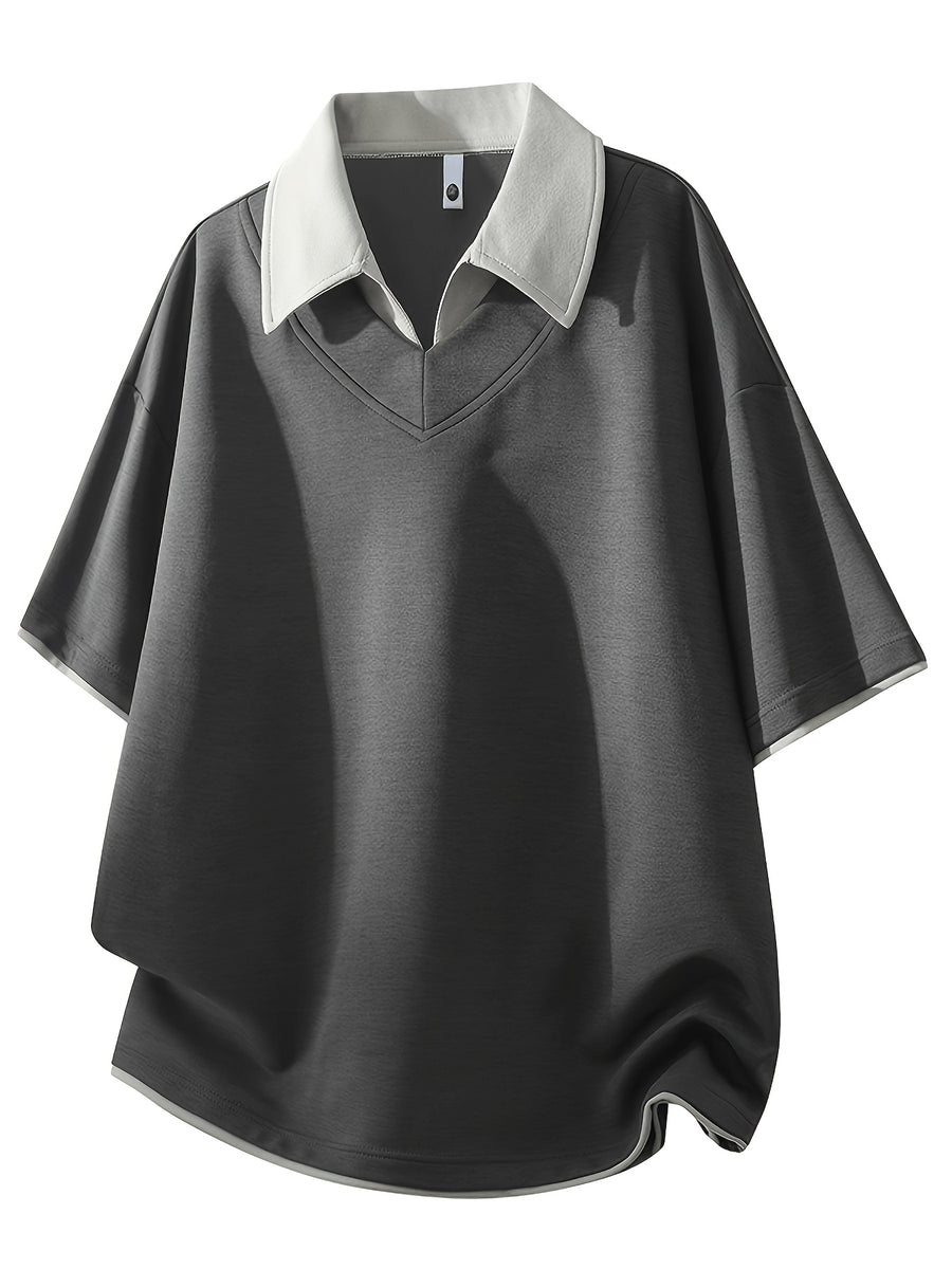 Men'S Summer Lapel Built-In Faux Two-Piece V-Neck, Cuffed Sleeves, Unisex Off-Shoulder Loose Curved Hem Drapey Short Sleeve T-Shirt - Dark Gray
