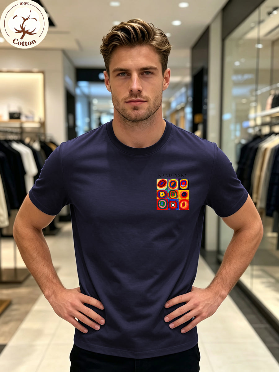 New High Quality Men's T Shirt 100% Cotton, Artistic Geometric Colorful Squares Print, Casual Daily Wear Streetwear Fashion, Short Sleeve Round Neck Top Machine Washable - Navy Color