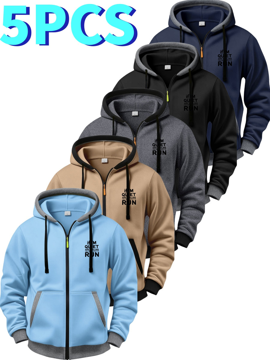 5pcs Set of Color-Blocked Full-Zip Hooded Cardigans, Easy Layered Thick RUN Inspirational English Short Sentence Small Print Loose Drawstring Casual Long Sleeve Jacket - Black + Navy Blue + Dark Gray + Khaki + Sky Blue