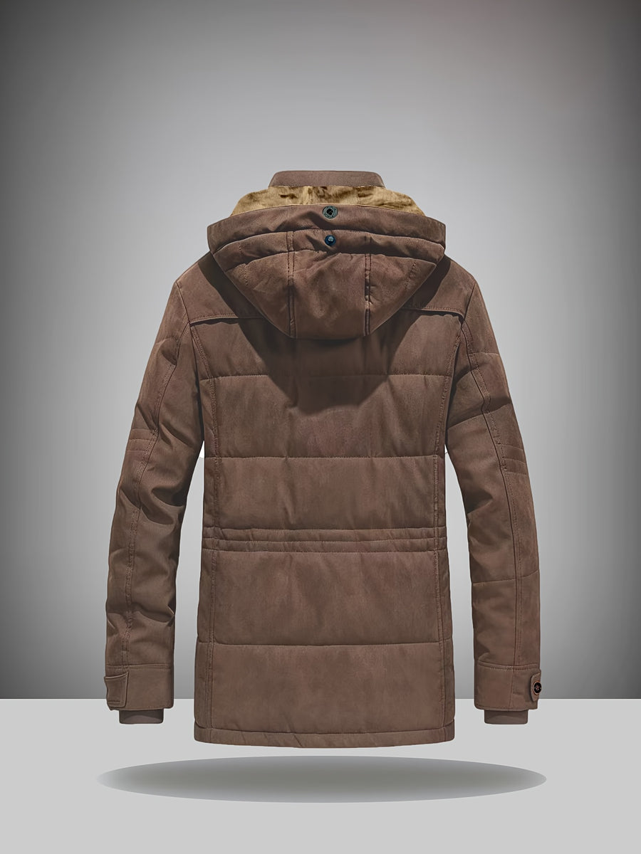 Cargo Jacket, Removable Hood Corduroy Lining Multi-Zipper Pockets, Warm Casual Top Jacket, Western Trendy Outerwear. Men'S Fashion Winter Mid-Length Fleece-Lined Thick Jacket, Men'S Work Practical Jacket - Coffee Color