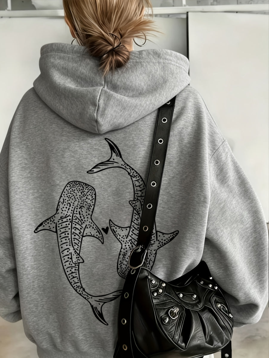 European and American Vintage Minimalist Artistic Style Top, Whale Shark Print Pattern Hooded 1pc Women's Sweatshirt, Loose Autumn/Winter Pullover Top, Relaxed Oversized Fit, Street Hip-Hop Style, with Kangaroo Pocket, No Drawstring - Light gray 1
