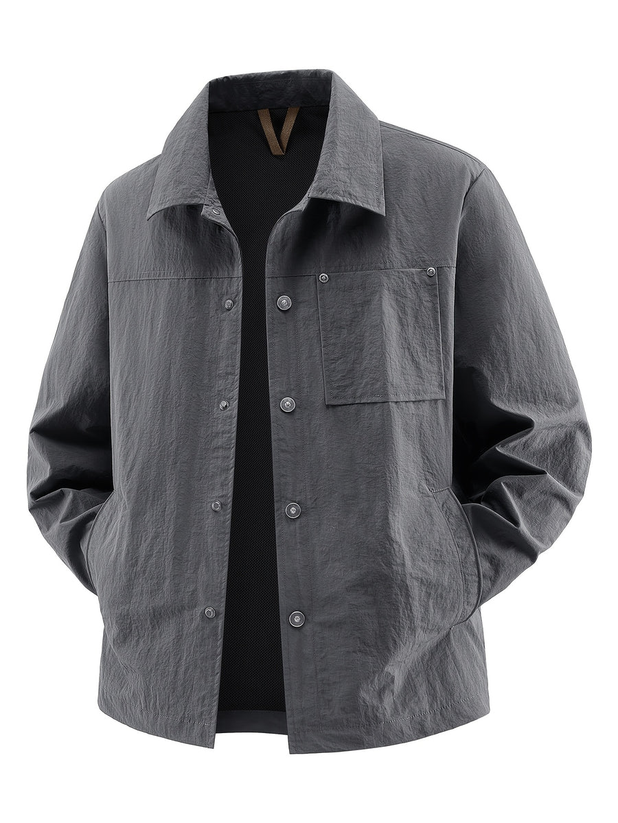Back to School Season 1pc Men'S Lightweight Shirt Jacket, Button-Front with Chest Pocket And Double Side Pockets, Casual Techwear Style Spring Autumn Loose Fit Daily Commute Travel Outdoor Outerwear - Dark Gray