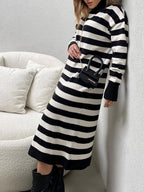 Women's High-Neck Sweater Dress - Loose Fit Dress with Striped Midi/Maxi Length, & Side Slit | Machine Washable Winter Dress Suitable for, Casual, Office, Layering - Black And White