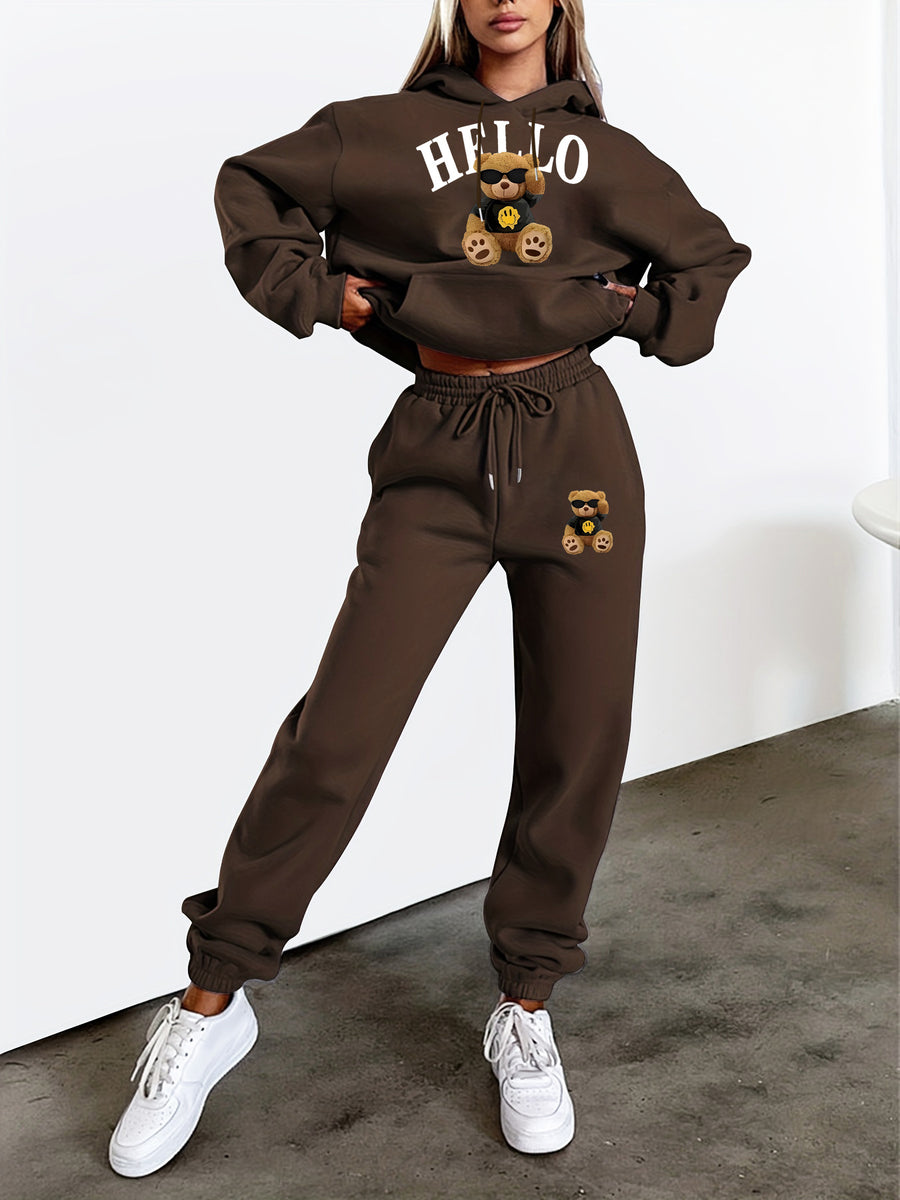 Women'S Casual Long Sleeve Drawstring Letter Bear Print Outfit - Coffee Color