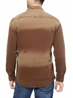 Men's Casual Denim Stand Collar Half-Open Placket Henley Shirt with Chest Pocket and Long Sleeves - Khaki