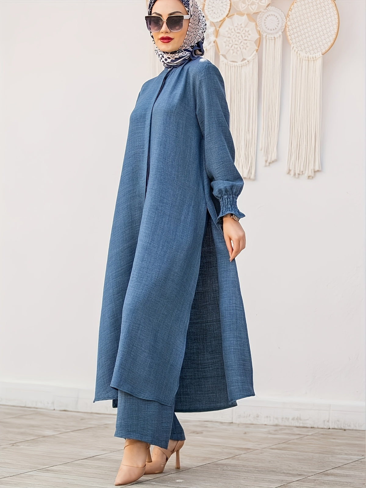 Elegant Pure Muslim Two-Piece Set for Ramadan in The Middle East - Stylish And Comfortable Design, Perfect for Everyday Wear And Home Relaxation (Without a Headscarf) - Cloud Water Blue