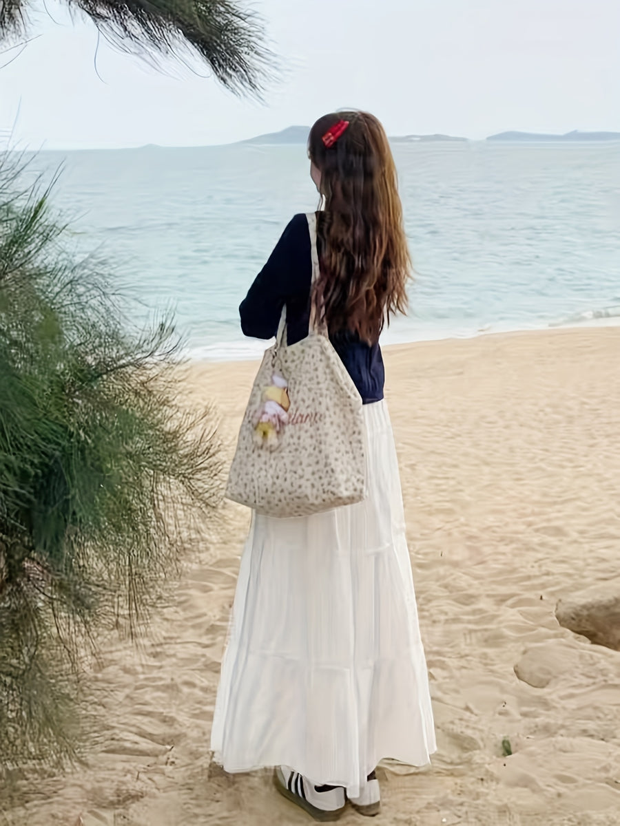 Fashionable Multi-Layered Patchwork French Elegant Solid Color Long Dress Elastic Waist A-Line Design with Lining Anti-Exposure Skirt Women'S - White