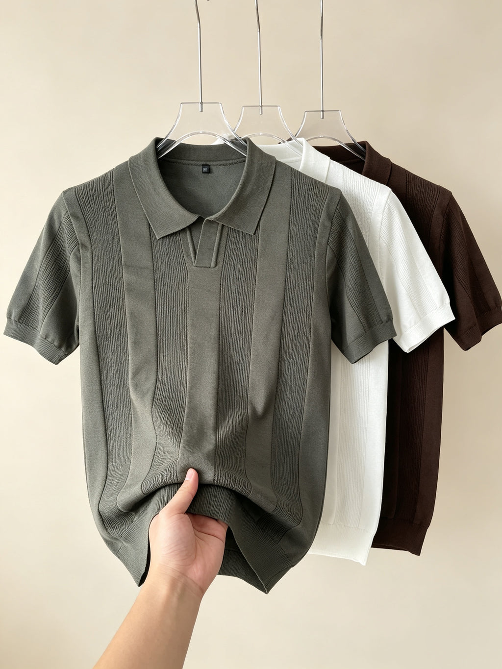 Men 3pcs Vertical Textured Knit Polo Shirts, Slim Fit Notch Collar Short Sleeve Knitwear, Lightweight Comfort Shirts for Office Vacation Daily Wear - Brown-white-gray