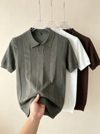 Men 3pcs Vertical Textured Knit Polo Shirts, Slim Fit Notch Collar Short Sleeve Knitwear, Lightweight Comfort Shirts for Office Vacation Daily Wear - Brown-white-gray