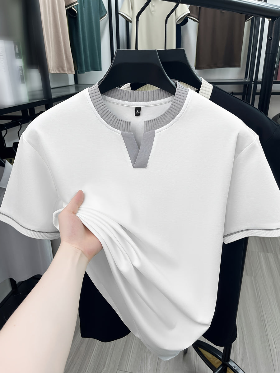 Middle-Aged Men'S Classic Henley Shirt with Contrast Cuffs, Summer Breathable Casual Top, Wrinkle-Resistant And Easy Care, Father'S Day Birthday Gift for Elders, All-Weather Wear for Walking, Grocery Shopping, And Family Gatherings - White