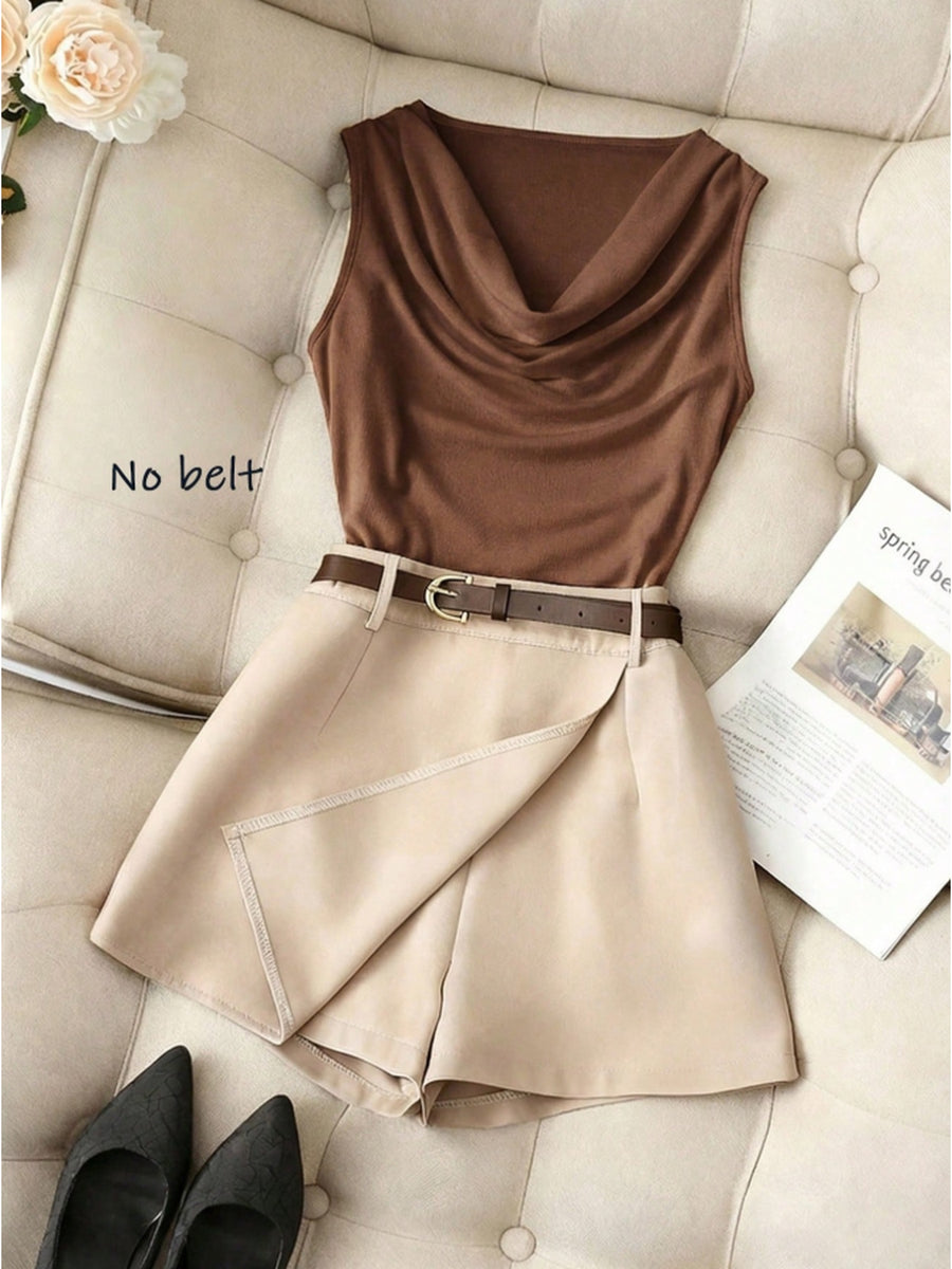ZD260407049This New Spring/summer Women's Sleeveless Slim-fit Brown Vest Features a Ruffled Neckline and Comes with an Apricot Wide-leg Skirt. This 2pcs Outfit Is Suitable for Casual Attire, Business Occasions, Dates, and Various Other Events. - Mixed colors