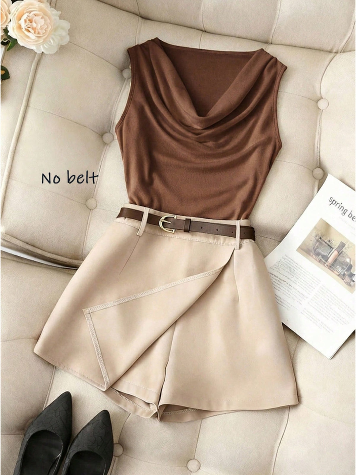 ZD260407049This New Spring/summer Women's Sleeveless Slim-fit Brown Vest Features a Ruffled Neckline and Comes with an Apricot Wide-leg Skirt. This 2pcs Outfit Is Suitable for Casual Attire, Business Occasions, Dates, and Various Other Events. - Mixed colors