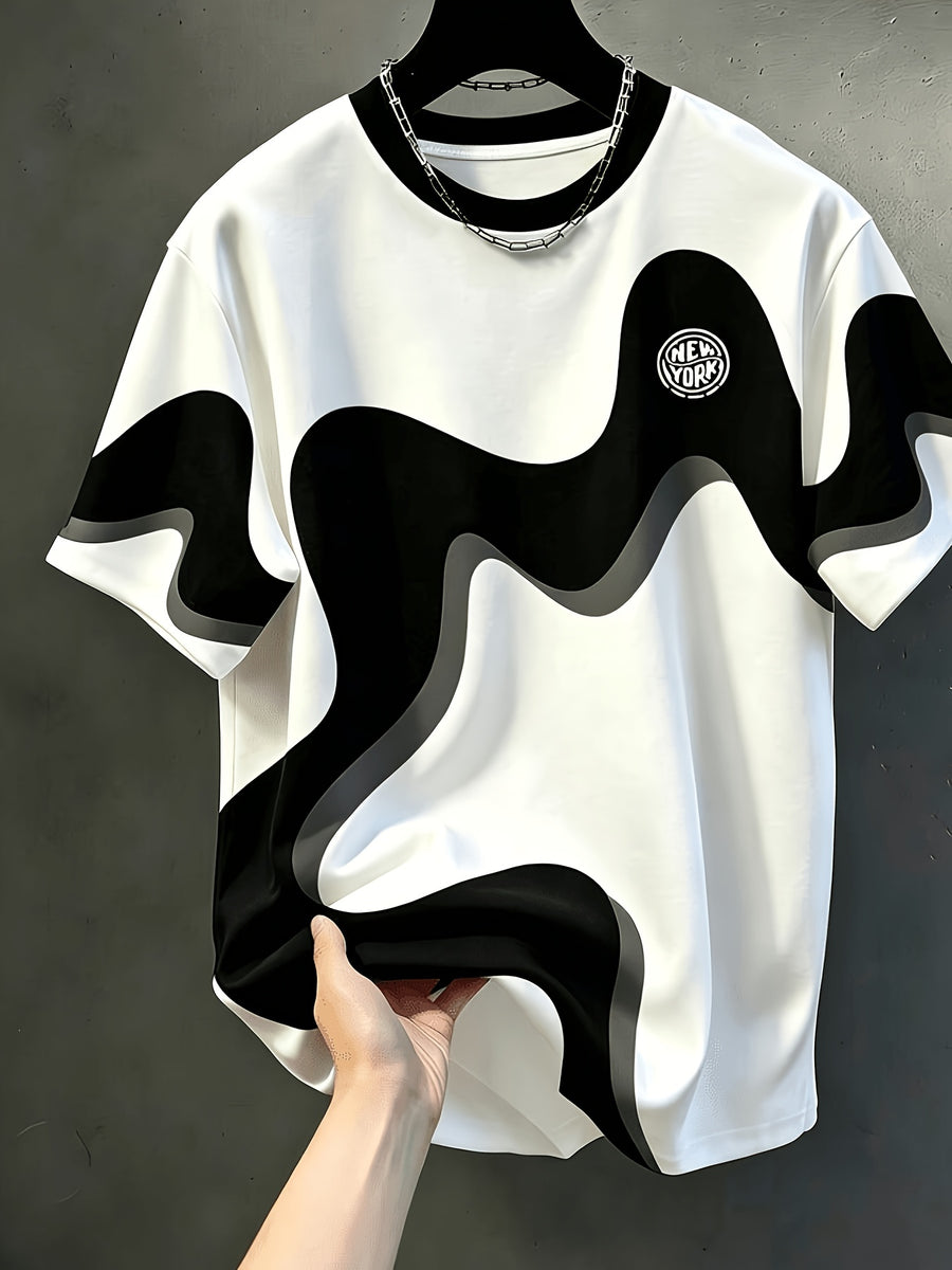 Men'S Casual Round Neck T-Shirt, Geometric Pattern Patchwork Striped Design, Drapey Fashion Top, All-Season Wear, Breathable Regular Fit for Casual And Formal Outfits - Round Neck Casual Top, Comfortable Wear, Gift for Teens And Adults - Mixed colors