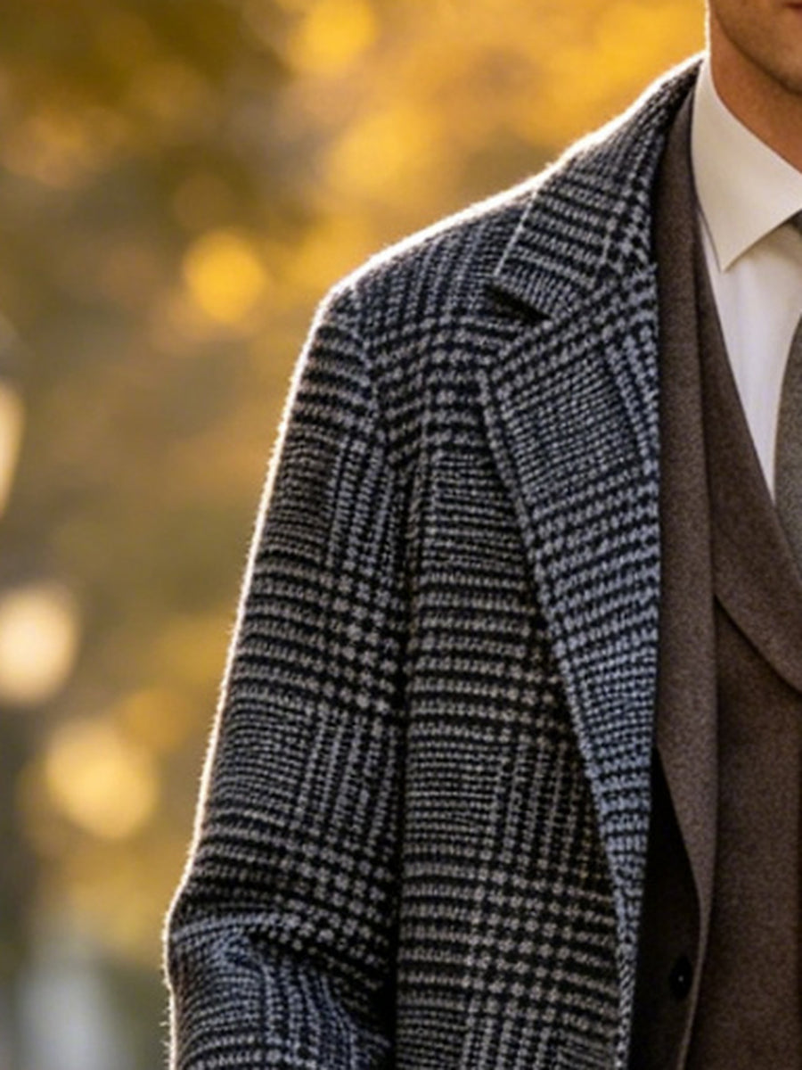 Men'S Houndstooth Coat, Blazer Lapel Mid-Length Jacket, Autumn Winter British Style Coat (Free Gloves) P - Grey
