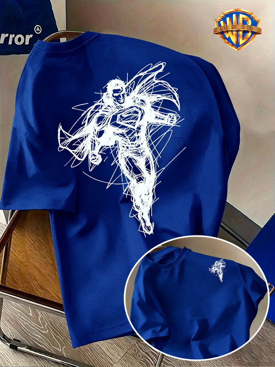 Warner Bros. Official Back-to-School Season Men's Casual T-Shirt, Soft and Breathable Lightweight Short-Sleeve Fabric, DC Superman Core S Logo Black and White Sketch Line American Anime Print, Light and Comfortable Fit, Suitable for Daily Wear - Royal Blue