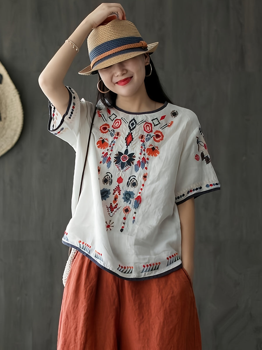 New Ethnic Style and Embroidered T-shirt for Women in Summer, Retro and Artistic, Loose and Oversized, and Versatile Short Sleeved Top The Chest, Cuffs, and Hem Are All Covered in Embroidered Patterns with Bohemian/ethnic Style - White