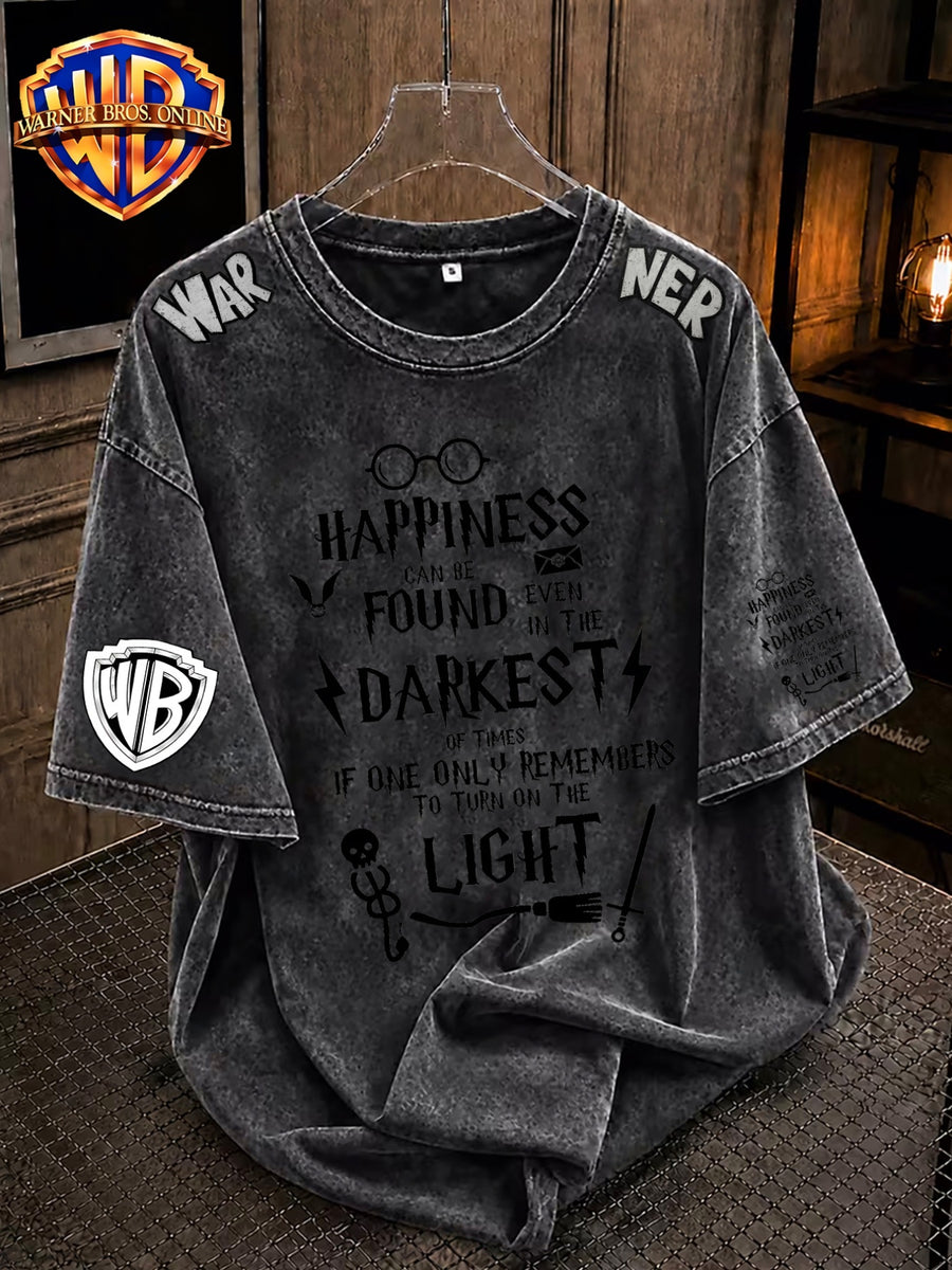 Warner Bros 100% Cotton Men's Short-Sleeve T-Shirt, Themed Magic Element Print, Fashionable Loose-Fit Breathable Short-Sleeve Tee, Men's Summer Streetwear Distressed Short-Sleeve Vintage Trend, Suitable for Daily Wear, Men's Fashionable Print - Black