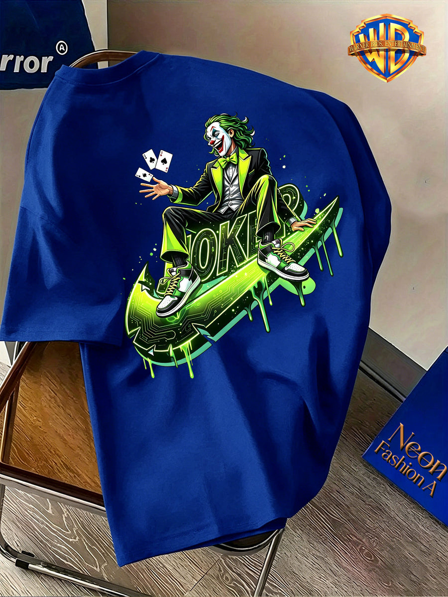 Warner Bros. Official Licensed Men'S Short Sleeve T-Shirt, DC Authentic Cyber Trendy Joker Print, American Retro Street Style Design, Spring/Summer Top, Regular Fit, Suitable for Outdoor, Fitness, Office, And Casual Wear - Royal Blue