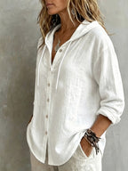 Women's Daily Drawstring Loose Long-Sleeve Casual Cardigan Shirt, All- Hooded Drawstring Shirt BK260705911 - White