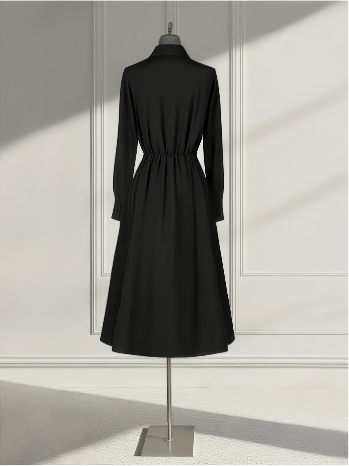 Elegant Exquisite Black Lapel Long Sleeve Shirt Dress, Waist Drawstring Back Hem Design, Wrap Metal Button A-Line Midi Skirt, Fashion Business Banquet Daily Versatile Temperament Shirt Long Dress - Black
