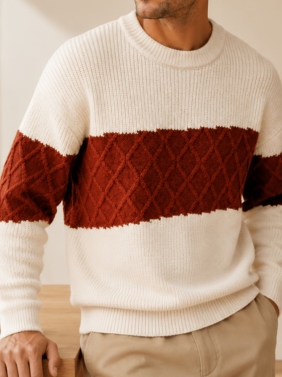 Men's Du Jing Lan OBM Contrast Color Knit Sweater - Old Money Style Business Casual Pullover with Color-Blocking, Ribbed Crew Neck Sweater Suitable for Layering, Golf, Basketball, Outdoor & Daily Wear, Spring/Autumn Winter Wardrobe - White