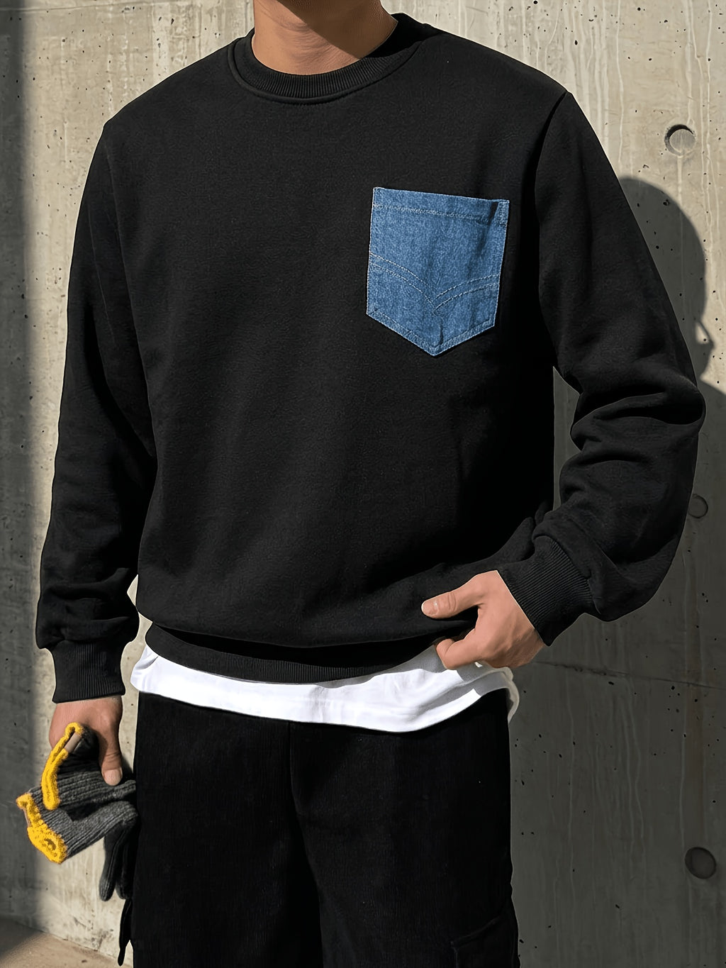 Black Crew Neck Sweatshirt with Faux Denim Patch Pockets, Perfect for Casual Everyday Wear - Black