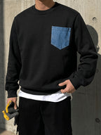 Black Crew Neck Sweatshirt with Faux Denim Patch Pockets, Perfect for Casual Everyday Wear - Black
