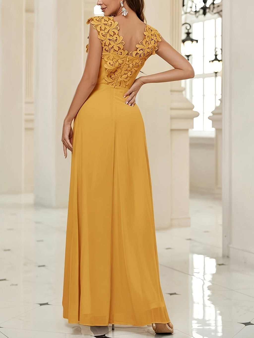 New Style Lace Trim Patchwork Sleeveless Long Dress, Polyester Fiber, 1pc Women's Dress for Wedding Parties, Bridesmaid Dress - ginger-colored