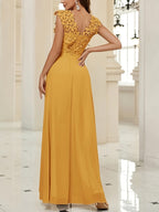 New Style Lace Trim Patchwork Sleeveless Long Dress, Polyester Fiber, 1pc Women's Dress for Wedding Parties, Bridesmaid Dress - ginger-colored