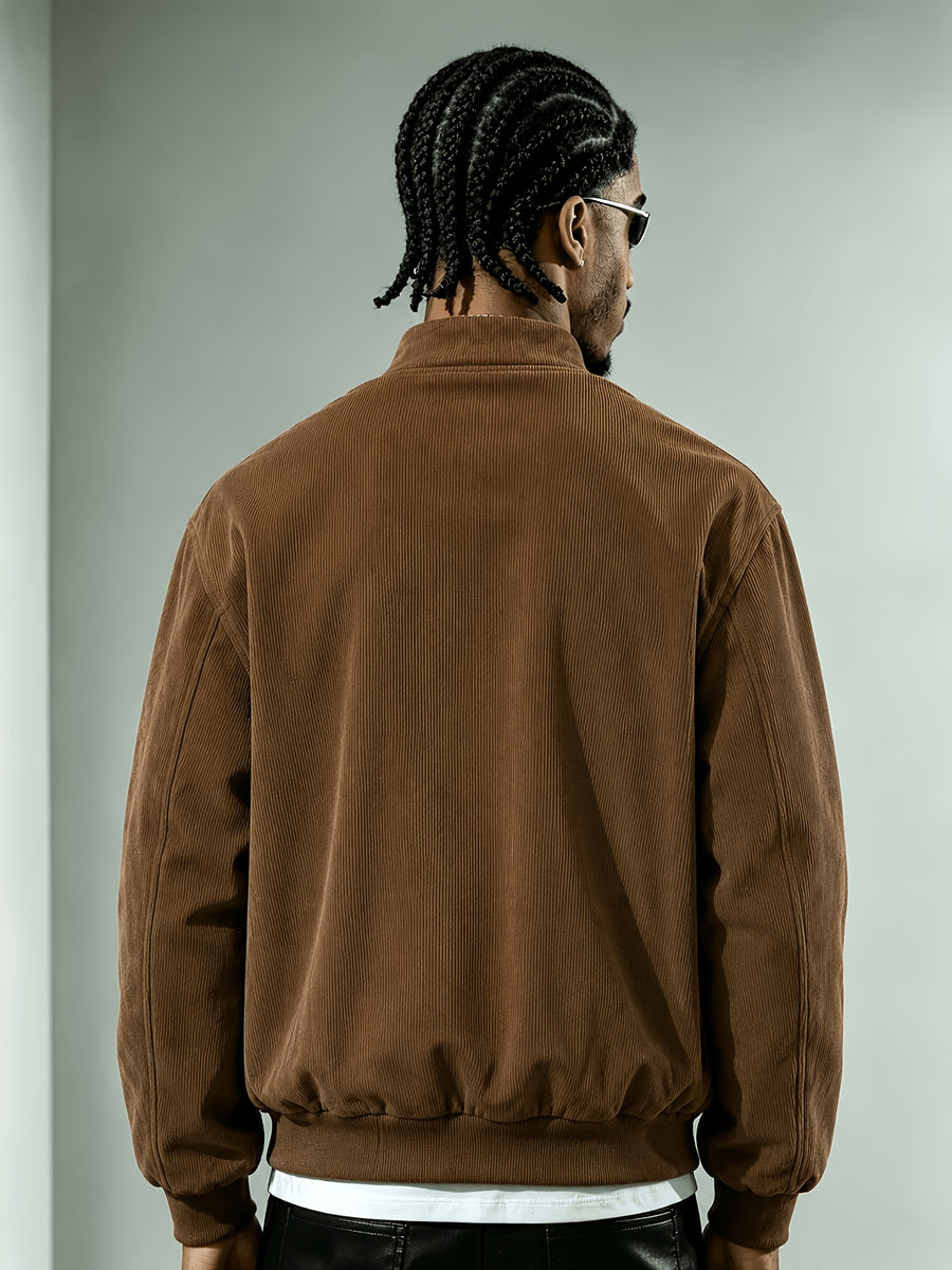 Men'S Corduroy Jacket, Autumn Winter Retro Stand Collar Long Sleeve Coat, Double Pocket Cow Head Print Cargo Casual Top, Loose All-Match Street Style Men'S Jacket - Dark Brown