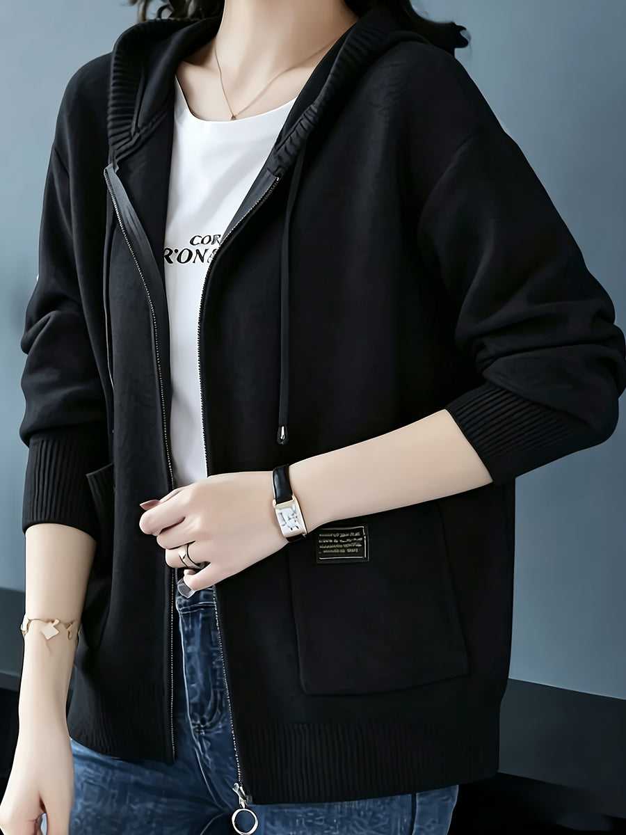 Women's Cardigan, Spring/Autumn Lazy Style Sweater Jacket, Loose Fit Outerwear Hooded Top - Black