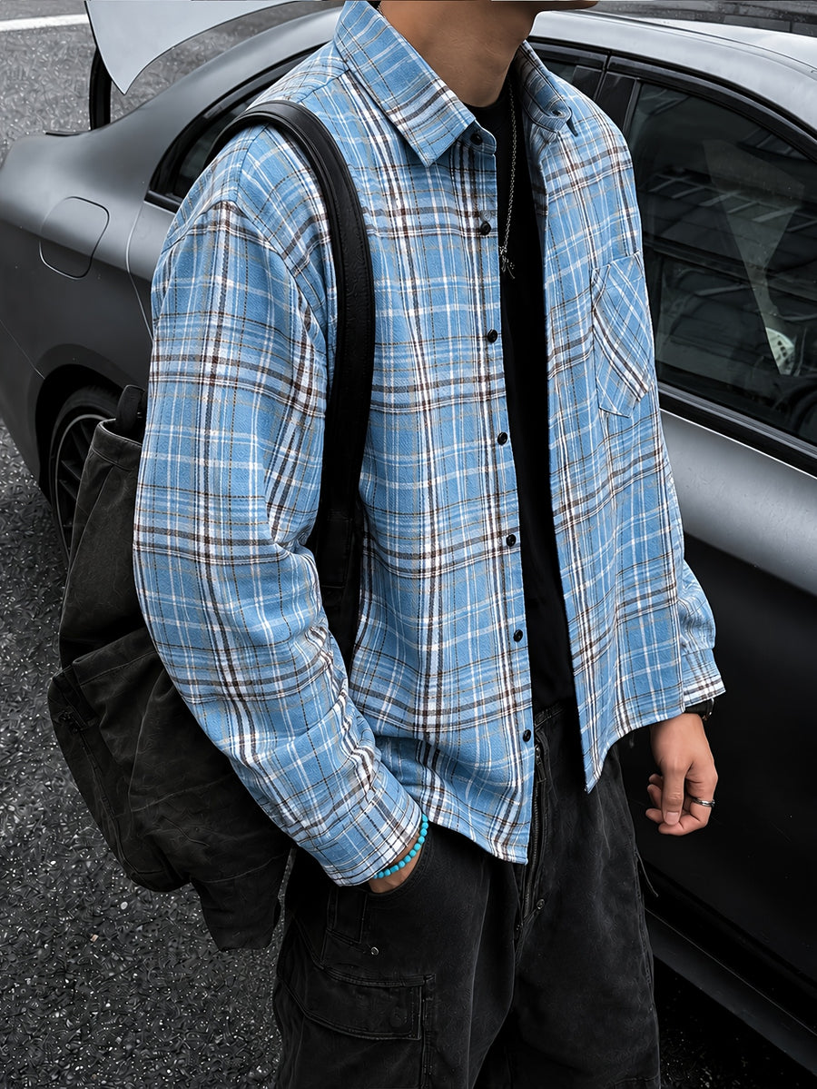 Men'S Vintage Plaid Long Sleeve Shirt, Loose Casual Button-Up Jacket Style Overshirt, Japanese Trendy Brand Lapel Checkered Shirt, Suitable for Outdoor Daily Wear in Spring, Autumn, And Winter - Sky Blue