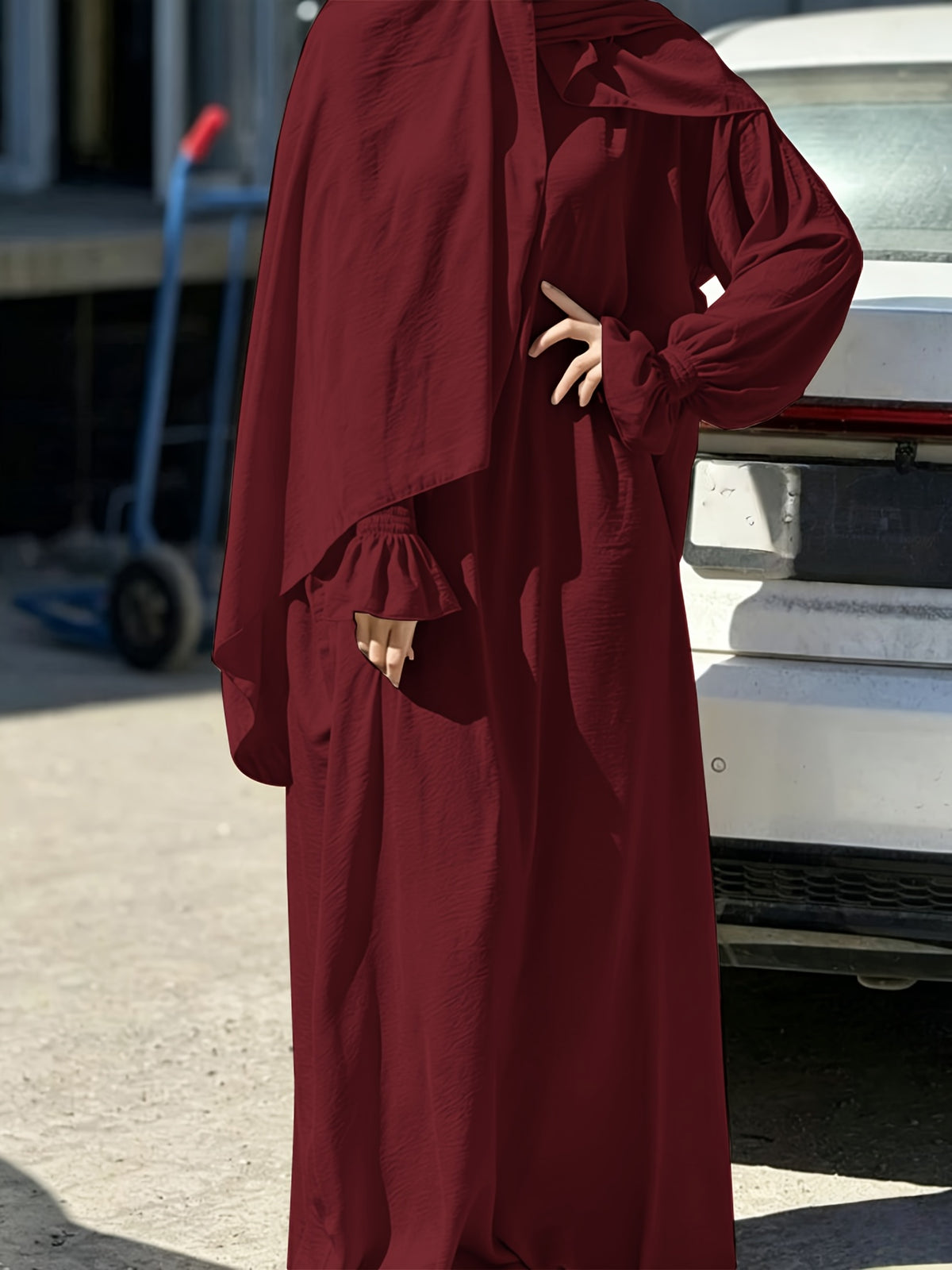 1pc Ice Wrinkled Fabric Scarf And Robe Abaya Khimar Loose Cuff Design Easy Fashion Suitable for Women'S Daily Wear And Prayer All Seasons - Deep Red
