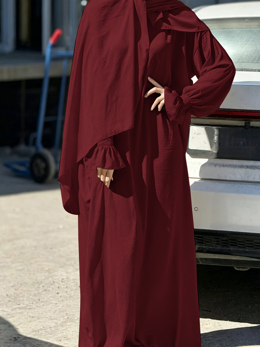 1pc Ice Wrinkled Fabric Scarf And Robe Abaya Khimar Loose Cuff Design Easy Fashion Suitable for Women'S Daily Wear And Prayer All Seasons - Deep Red