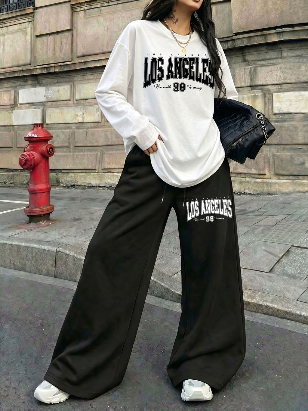 Trendy American Los Angeles LOS ANGELES No. 98 Print 2pcs Set for Women, Casual Streetwear Long Sleeve and Long Pants Outfit, Suitable for Street Style Hot, American Jersey Sporty Street Fashion - White+black