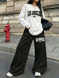 Trendy American Los Angeles LOS ANGELES No. 98 Print 2pcs Set for Women, Casual Streetwear Long Sleeve and Long Pants Outfit, Suitable for Street Style Hot, American Jersey Sporty Street Fashion - White+black