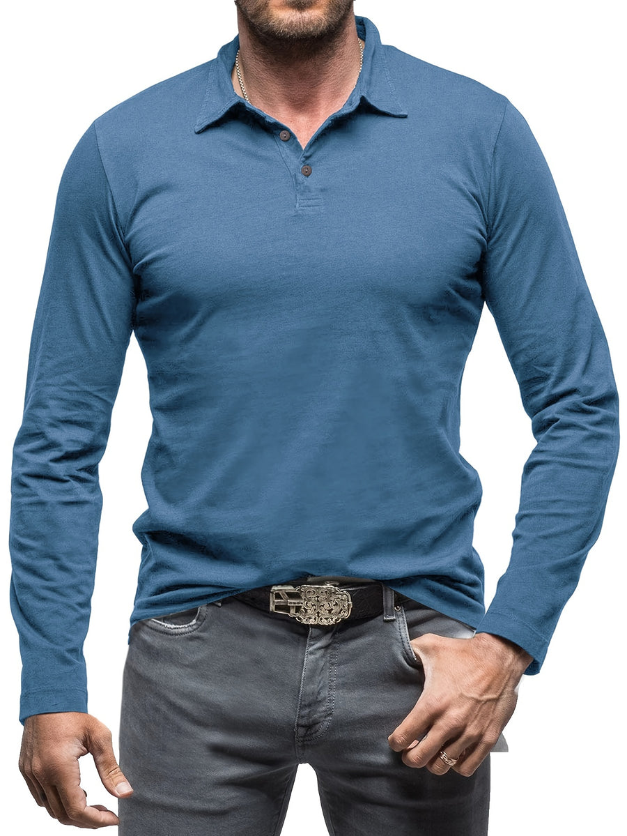 New Style Lapel European And American Style Men'S T-Shirt, Solid Color, Cross-Border Foreign Trade Men'S Long-Sleeve Polo Shirt - Cow Blue