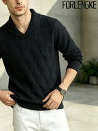 FORLENGKE Men'S Business Casual Shawl Collar Geometric Textured Knit Sweater, Soft Warm Long Sleeve Pullover for Fall Winter Office Daily Wear - Black