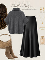 Autumn Winter Fashion Lazy Style Turtleneck Cloak Sweater And Premium Satin Fishtail Half Skirt, Temperament Elegant Commute Two-Piece Set - Flecking Gray