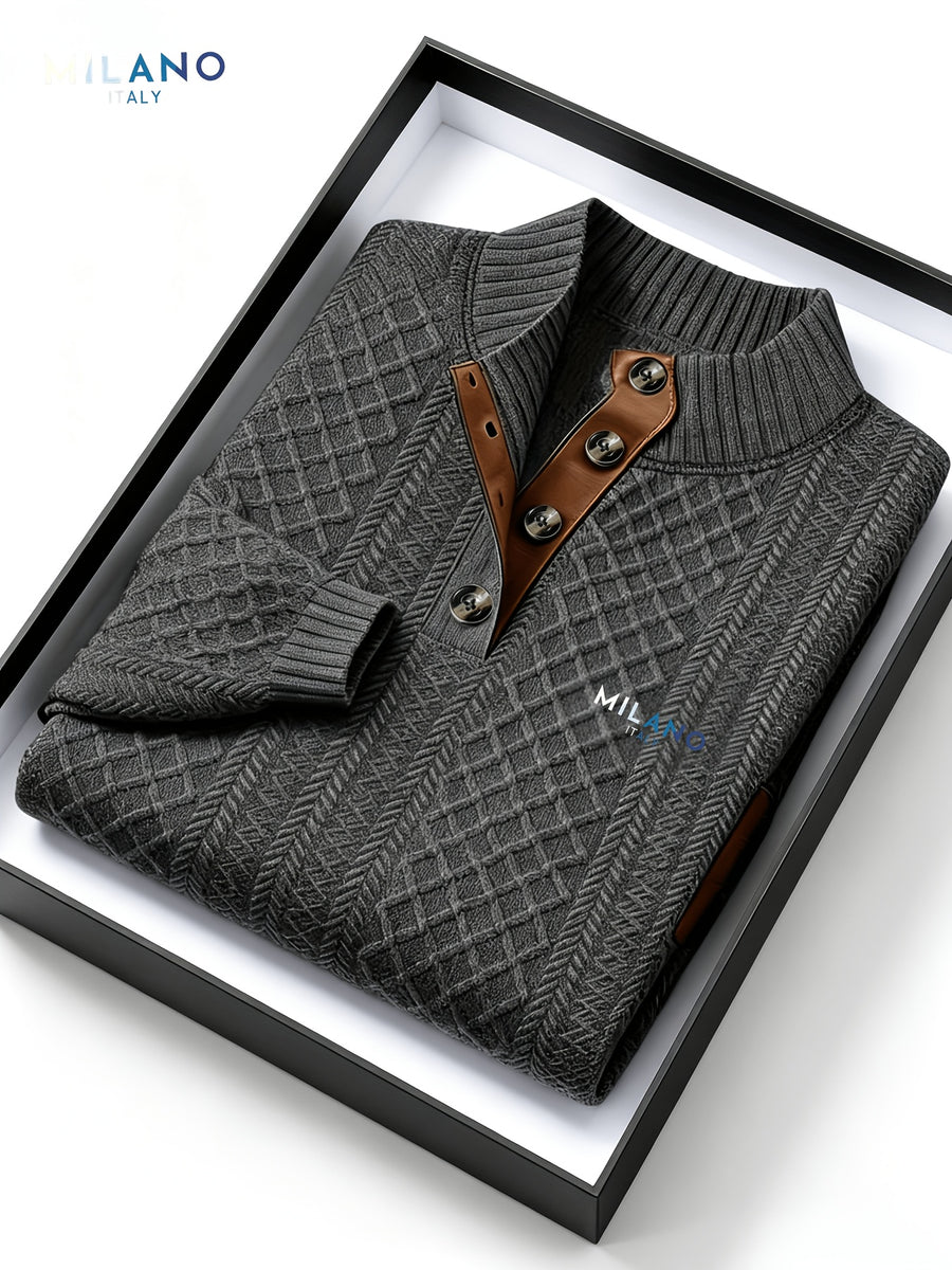 MILANO Italian Stand Collar Men'S Sweater Autumn Winter Jacquard Diamond Check Business Casual Half-Button Pullover, Knit - Grey