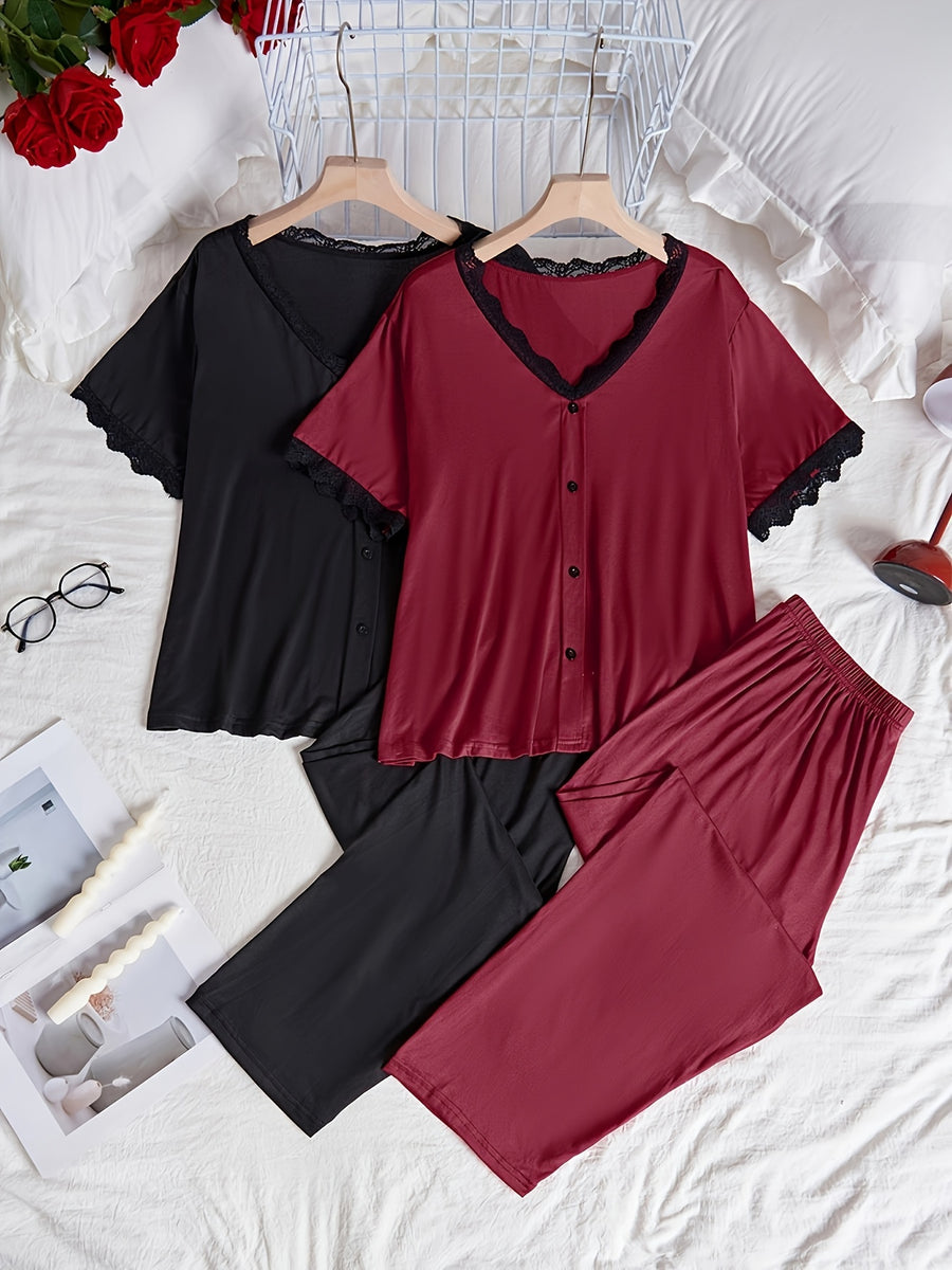 Autumn Plus Size Lace Trim Long Sleeve And Pants Set 2pcs Outfit - Mixed colors