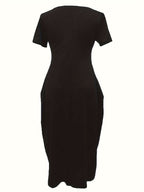 Sapu Directional Fake European And American Cross-Border Spring And Summer New Women'S Clothing Solid Color Short-Sleeved Women'S Summer Dress V-Neck Pocket Long Dress - Black