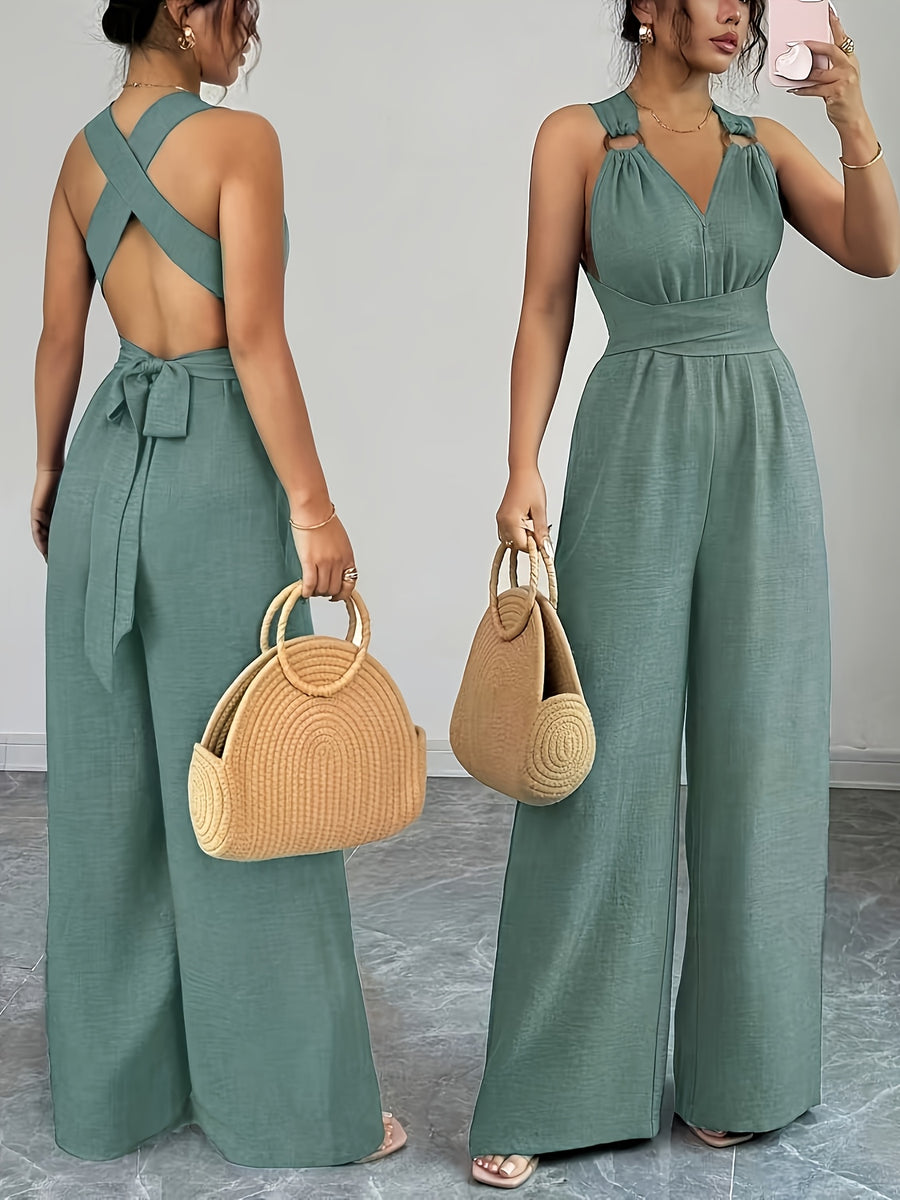 V-neck Women's Jumpsuit with Crisscross Waist Ties, Slit Back, and Wide-leg Straight-cut Pants - Mint Green