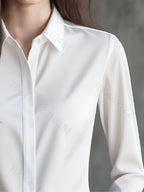 New Women'S Solid Color Long Sleeve Shirt, Elegant Dark Front Button-Up, Non-Sheer, Office Business Top, for Meetings And Events, Corporate Attire, Urban Professional Style - White